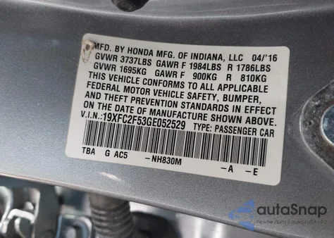 2016 Honda Civic Lx from USA, damaged, VIN 19XFC2F53GE052529